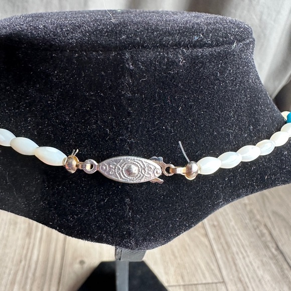 Freshwater Rice Pearl Necklace w turquoise and gold accents, vintage 1980s - Picture 6 of 6